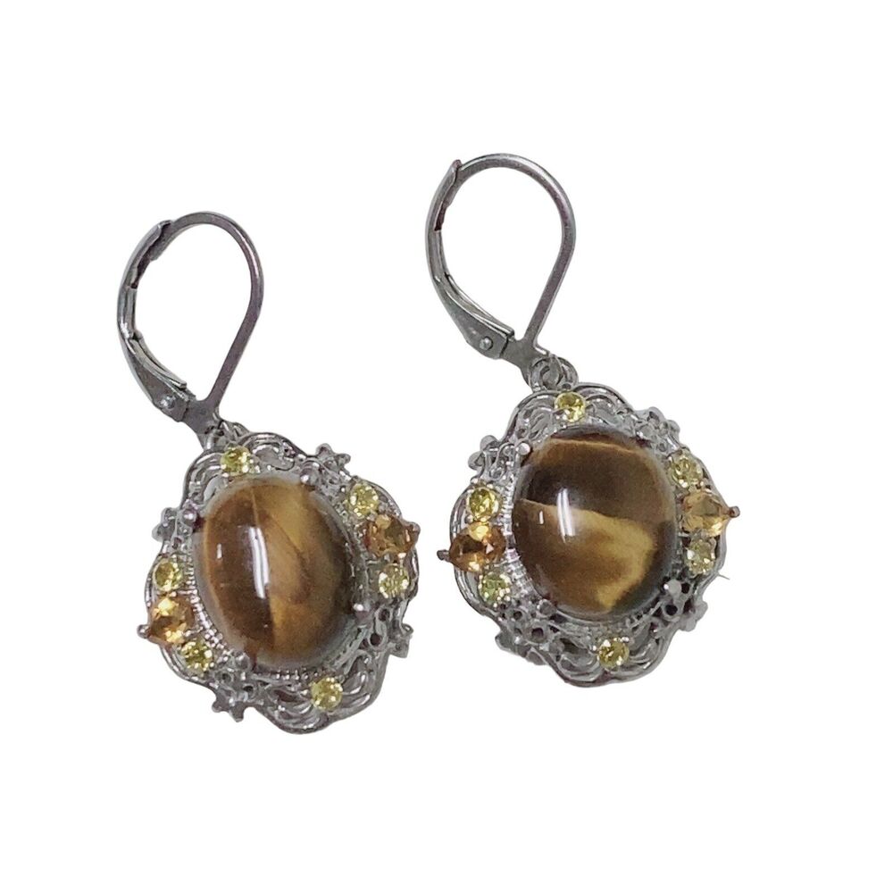 STS Karis Vintage Earrings Tiger's Eye Cabochon Silver Tone Dangle
